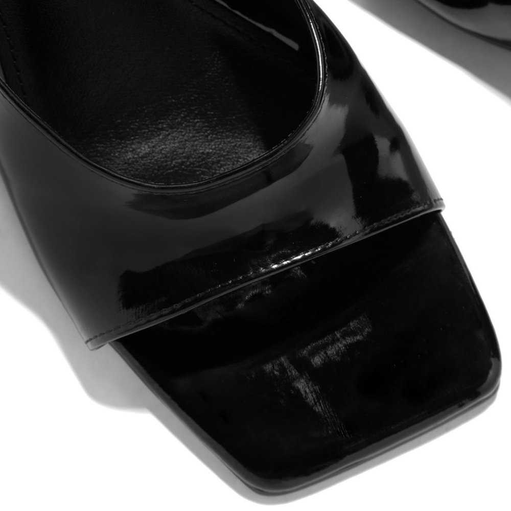 NEW🔥 Black Patent Faux Leather Mules Sandals Chunky Block High Heel Open Toe - Picture 6 of 6